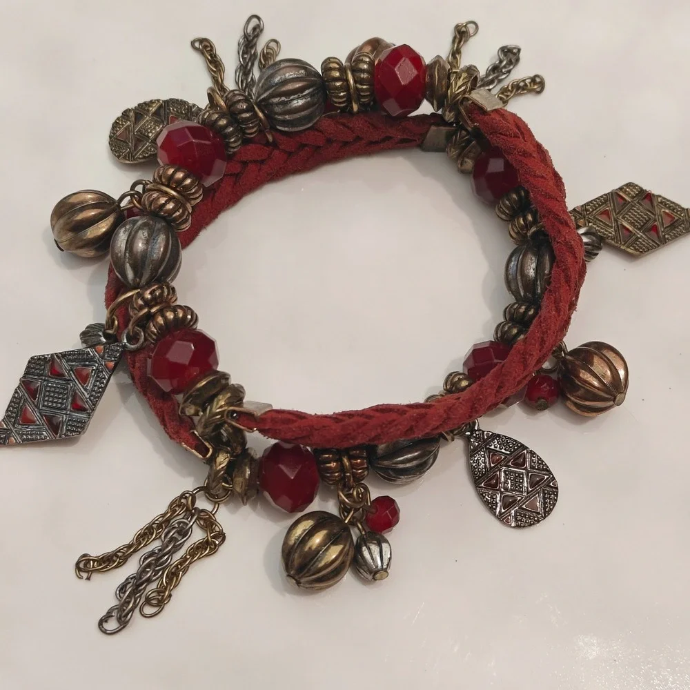 Red Burgundy Braided Suede Charm Bracelet Chunky Boho Beads Gold Silver Tone